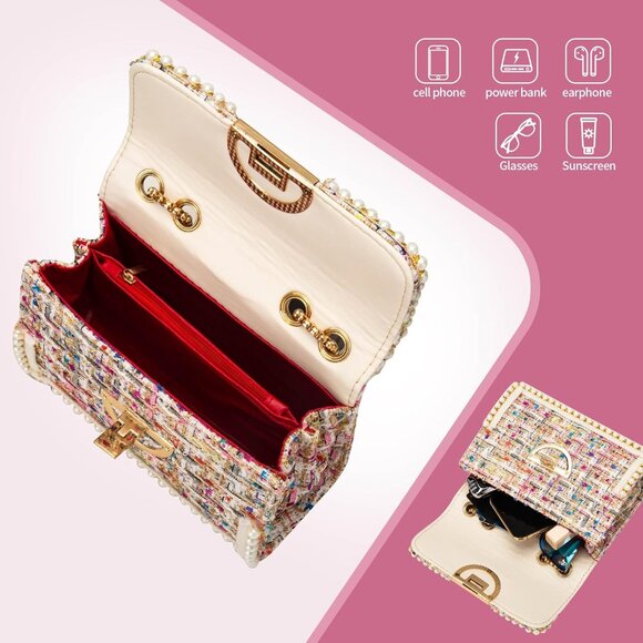 Pink Tweed Pearl Crossbody Bag for Women, Small Clutch with Chain Strap, Stylish - Picture 5 of 6